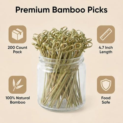 4.7 Inch Bamboo Cocktail Picks - 200 Pack for Appetizers & Drinks
