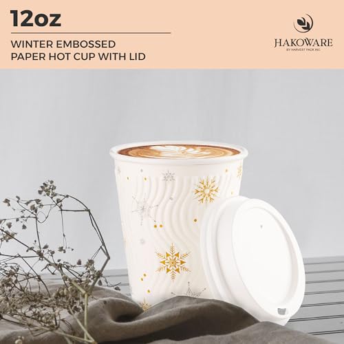 12oz Christmas Disposable Coffee Cups with Lids - Snowflake Winter Design, Pack of 100