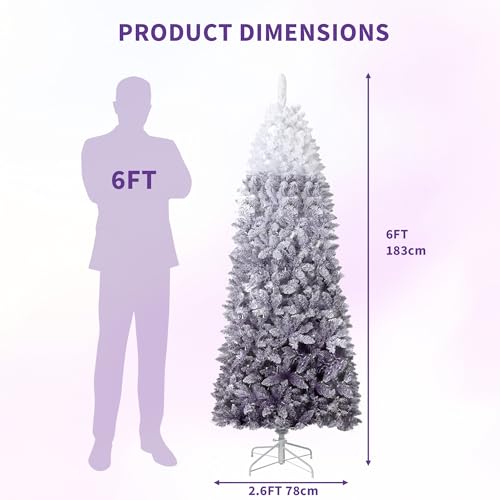 6 ft Prelit Artificial Christmas Tree with RGB & Warm White Lights - Snow Flocked Purple Gradient, Foldable Base