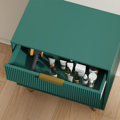 3-Drawer Storage Chest with Vertical Groove Panels and Tapered Metal Legs - Green, 28" × 16.9" × 29.9"