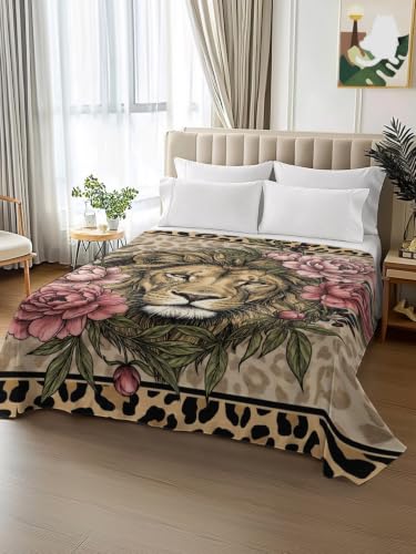 Queen Size Flat Sheet with Lion Print Microfiber Bed Sheets - Rose, Camel, Emerald, Peony / Queen