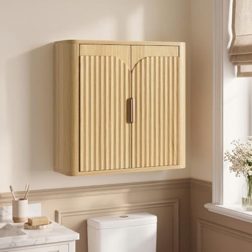 Vividwood Fluted Wall Mounted Bathroom Cabinet Set of 2 with Adjustable Shelves - Modern Over Toilet Storage for Laundry, Kitchen, Living Room - Natural Finish