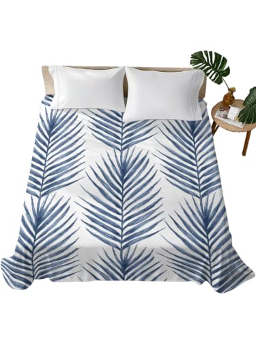King Size Flat Sheet Navy Blue with Palm Leaves - 105x98 Microfiber Bedding