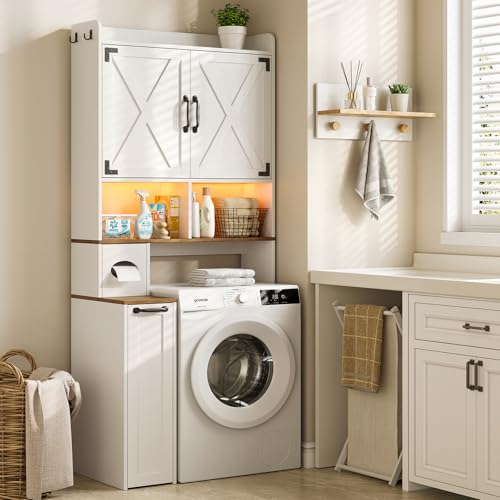 Over the Toilet Storage Cabinet with LED Lights - White Farmhouse Bathroom Organizer