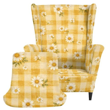 Yellow Gingham Daisy Print Stretch Wingback Chair Slipcover 2 Piece - Fits Chairs Up to 31.5"