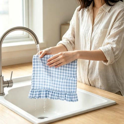 Gingham Kitchen Towels 2-Pack Cotton Ruffled Dish Towels 18x28 Inches - Blue