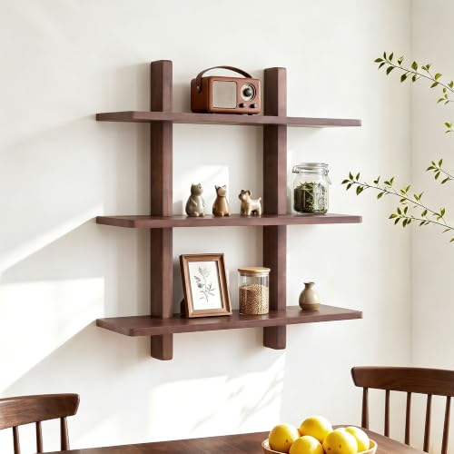 Brown 28 Inch x 31.5 Inch 3-Tier Floating Wall Shelf - Heavy Duty Pine Wood