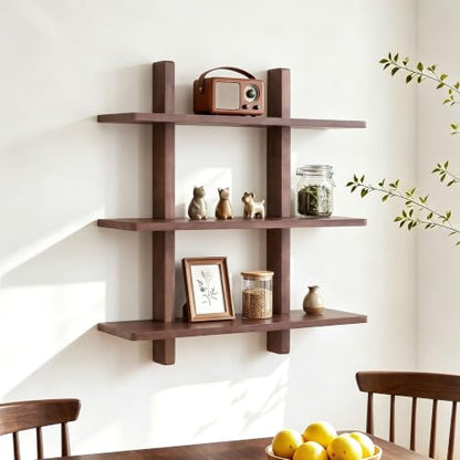 Brown 28 Inch x 31.5 Inch 3-Tier Floating Wall Shelf - Heavy Duty Pine Wood