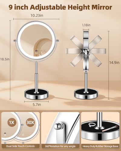 Chrome Lighted Makeup Mirror with 30X Magnification & Adjustable Height