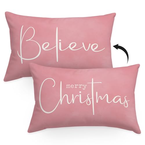 Pink Christmas Throw Pillow Cover 12x20 with Merry Christmas Design - Indoor Outdoor Home Decor - Variation: Pink Christmas
