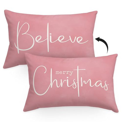 Pink Christmas Throw Pillow Cover 12x20 with Merry Christmas Design - Indoor Outdoor Home Decor - Variation: Pink Christmas