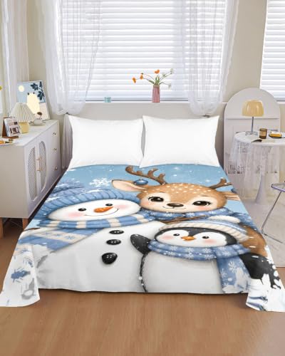 Misty Blue King Size Flat Sheet Christmas Snowman Deer Penguin Bedding Winter Snowflake
