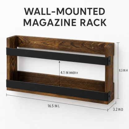Burnt Wooden Wall Mount Magazine Rack - Industrial Storage for Home Office