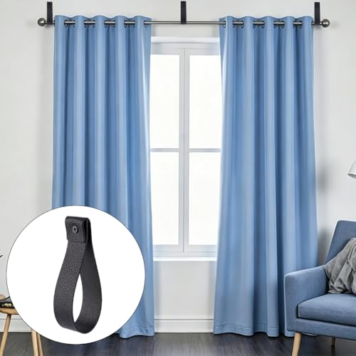 8PCS 10.55 Inch Black PU Leather Curtain Rod Bracket Straps Wall Hooks with Screws