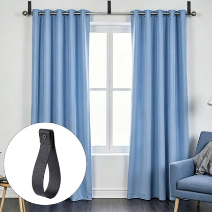 8PCS 10.55 Inch Black PU Leather Curtain Rod Bracket Straps Wall Hooks with Screws