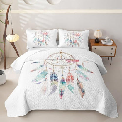 Queen Dream Catcher Quilt Set Boho Feather Bedding Coverlet with Pillows - Blue Red