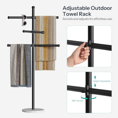 Outdoor Pool Towel Rack with Marble Base & Adjustable 3 Arms - 63 Inch