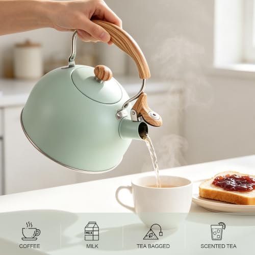 Stainless Steel 2.6 Qt Whistling Tea Kettle with Wood Pattern Handle - Turquoise