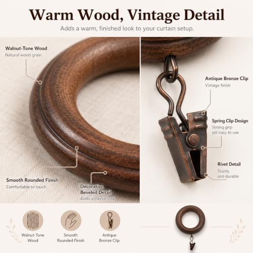 Wood Curtain Rings with Clips - 1.77" Inner Diameter, Walnut Finish, Set of 12
