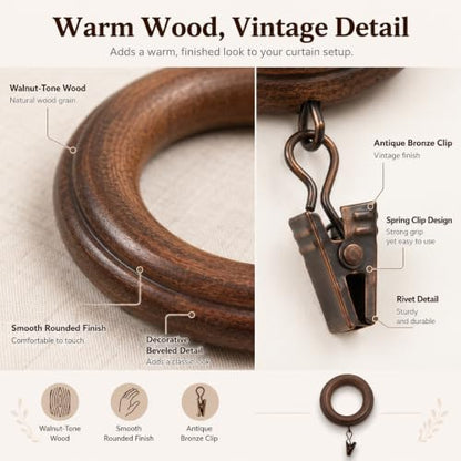 Wood Curtain Rings with Clips - 1.77" Inner Diameter, Walnut Finish, Set of 12