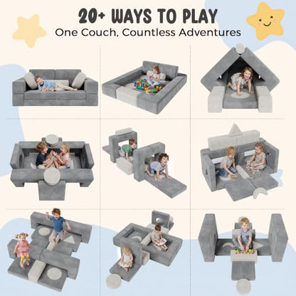 Grey Modular Kids Play Couch - 17-Piece Toddler Sofa with Shape Pillows & Window Panels