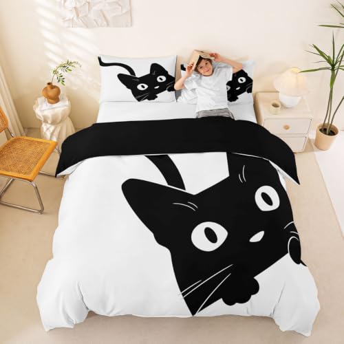Queen Size Black Cat Comforter Cover Set with Hidden Zipper & Corner Ties