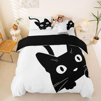Queen Size Black Cat Comforter Cover Set with Hidden Zipper & Corner Ties
