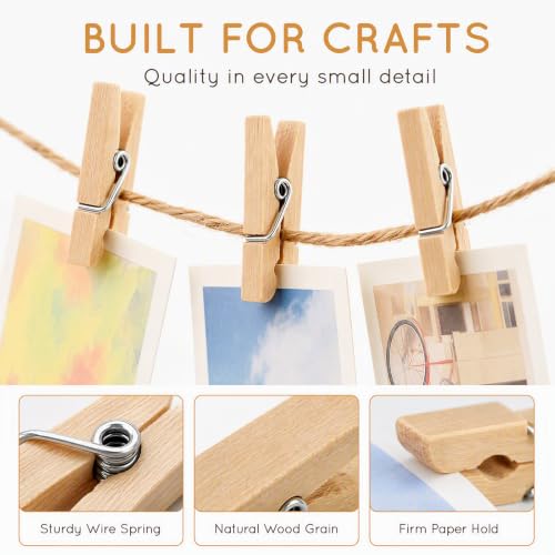 Mini Wooden Clothespins for Photos and Crafts - 100 Pack with 2 Jute Strings