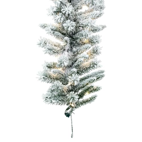 White 9ft x 14in Flocked Artificial Christmas Garland with Pre-Lit Warm White LED Lights