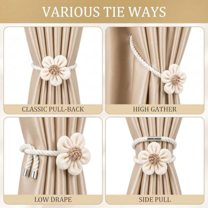 Magnetic Curtain Tiebacks 2 Pack - Boho Flower Cotton Linen Holdbacks for Bedroom Nursery Living Room