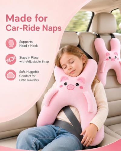 Kids Pink Car Travel Neck Pillow with H-Shaped Support & Adjustable Strap