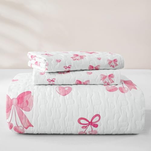 Pink Cherry Queen Size Breathable Quilt Set with Bowknot Design - Cozy Bedspread for Kids & Adults