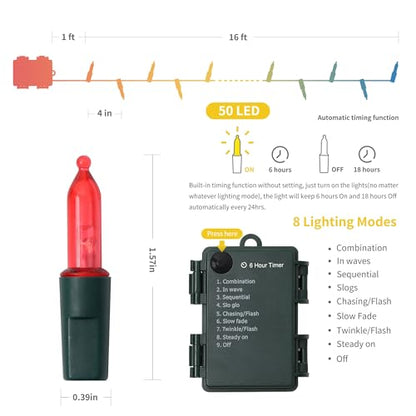 WATERGLIDE 4 Pack 50 LED Outdoor Christmas String Lights - Multicolor, 16ft Battery Operated, 8 Modes & Timer