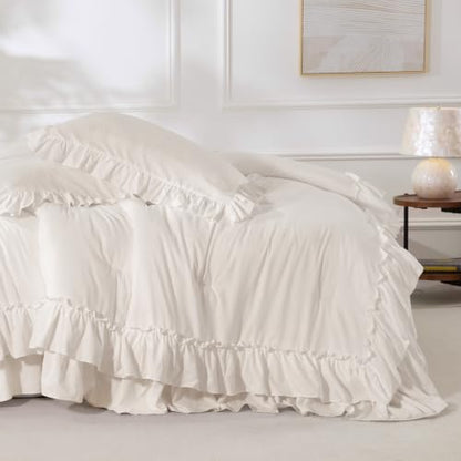Beige Farmhouse Ruffle Comforter Set Full Size 3 Pieces - Shabby Chic Bedding