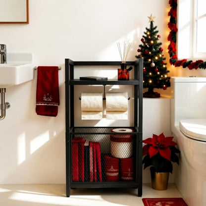 Black Freestanding Toilet Paper Holder Stand with Metal Mesh Basket and Storage