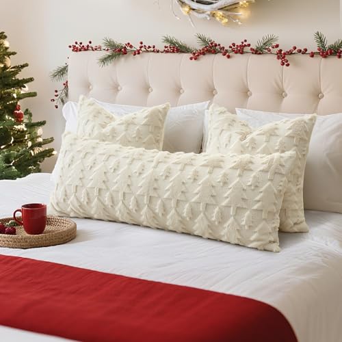 Christmas Throw Pillow Cover 14x36 Inch Faux Fur Wool Tree Design Cream Beige