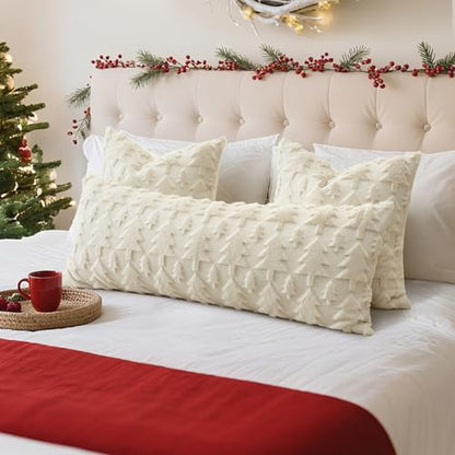 Christmas Throw Pillow Cover 14x36 Inch Faux Fur Wool Tree Design Cream Beige