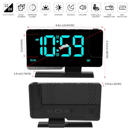 Miowachi Projection Clock for Bedroom Ceiling - Black-Blue Digital Alarm