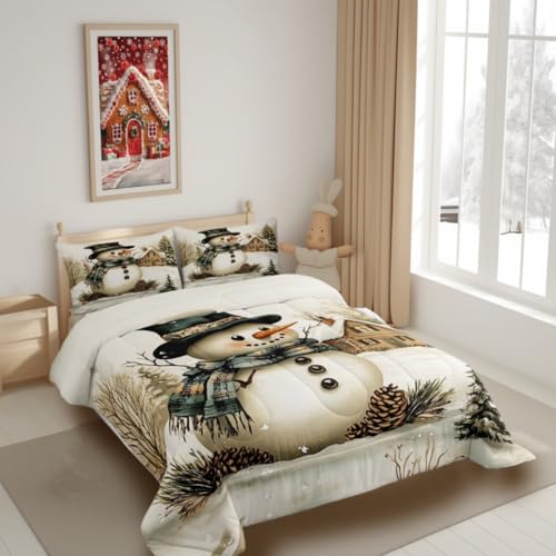 Brown Green Winter Farmhouse Style Comforter Twin with Pillowcase - Snowman Rustic Quilt