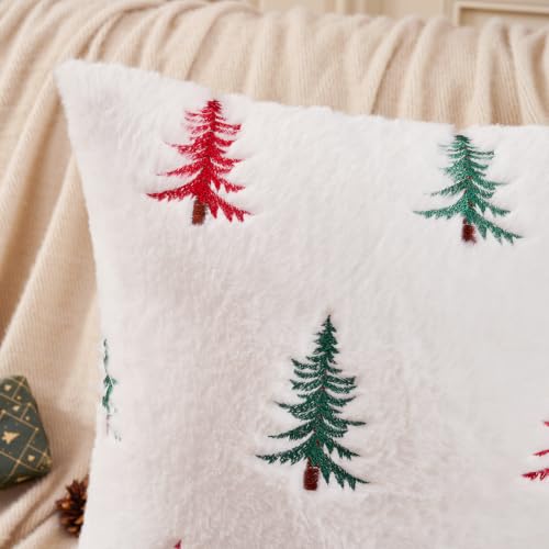 Christmas Throw Pillow Covers 18x18 Set of 2 - Red Green Faux Fur Decor
