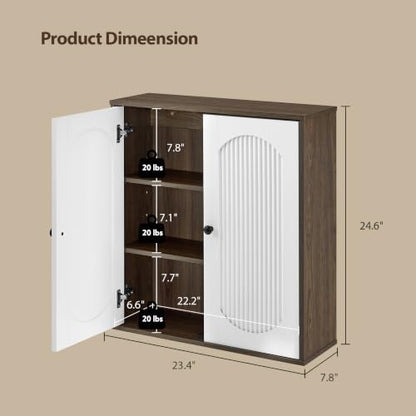 Bathroom Fluted Wall Cabinet with 2 Doors - Walnut/White, Fully Enclosed, 23.4 x 7.8 x 24.6 inches