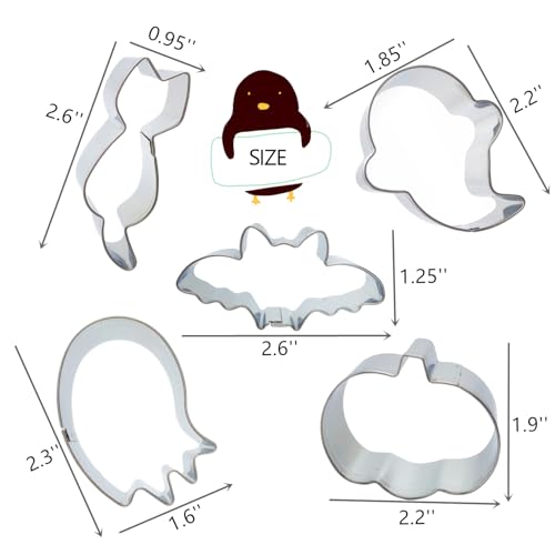 Mini Halloween Cookie Cutters Set - 5 Stainless Steel Shapes for Baking & Decorations - 2.2 to 2.6 Inches - Variation of THIS listing