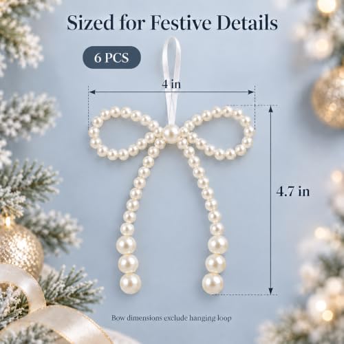 6 Pack White Pearl Bow Christmas Tree Ornaments - 4.7 Inch Holiday Decor