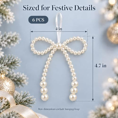 6 Pack White Pearl Bow Christmas Tree Ornaments - 4.7 Inch Holiday Decor