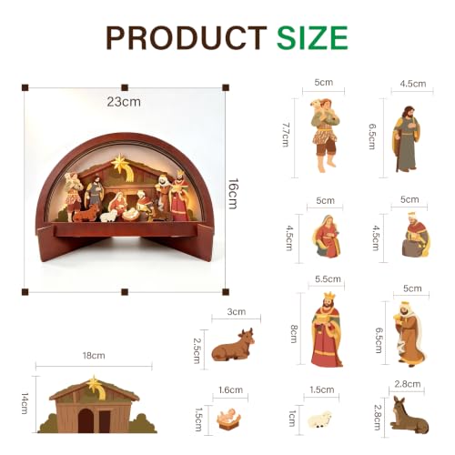 Wooden Nativity Scene with LED Light, Christmas Decoration for Home & Church