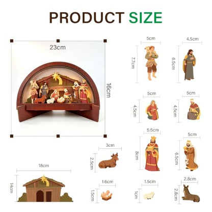 Wooden Nativity Scene with LED Light, Christmas Decoration for Home & Church