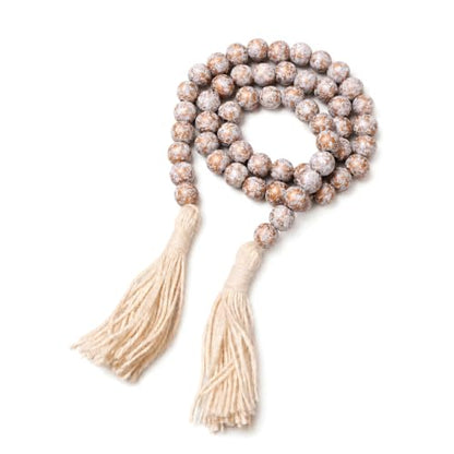 Distressed Wood Bead Garland with Tassels - Rustic Farmhouse Decor 40in