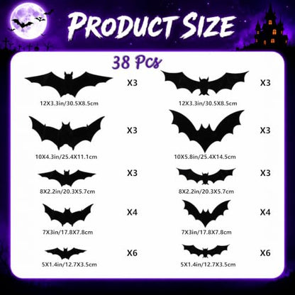38 Pcs Halloween 3D Bat Wall Decor Set with LED Lights for Indoor Outdoor