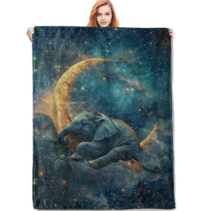 Elephant Moon Star Fleece Blanket 50x60 Inches for Kids & Adults - Cozy Gift