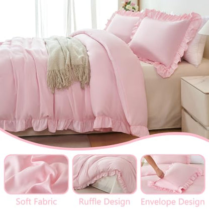 Pink Ruffle Twin Duvet Cover Set for Girls - Soft Polyester Bedding